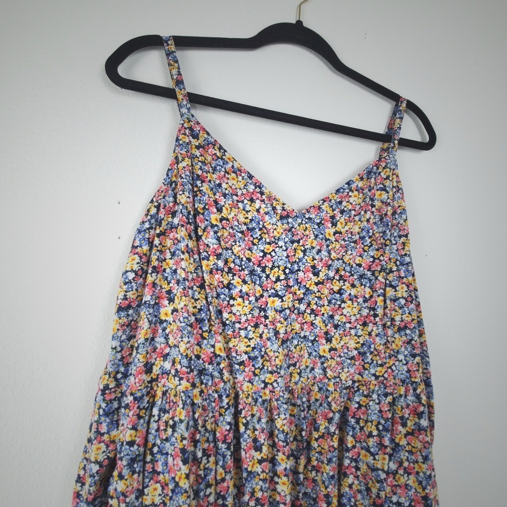 Old Navy XL Cami Floral Tiered Midi Dress Blue Pink Yellow Ditsy Print Pockets - Picture 3 of 7